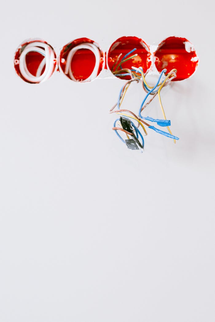 about-01 Close-up of exposed electrical wiring and sockets during renovation on a white wall.