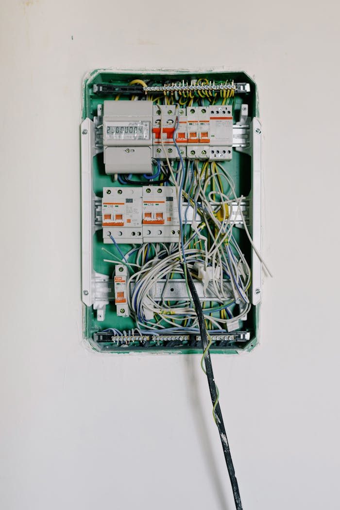 services-02 Detailed view of an open electrical circuit box with complex wiring and circuit breakers.