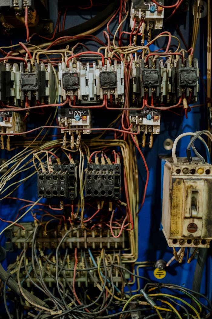 services-01 Close-up view of an intricate electrical wiring panel with various cables and connectors.